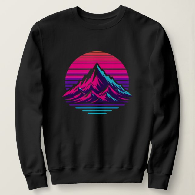 Synthwave-Berg-Sweatshirt – Retro-Sonnenuntergangs Sweatshirt (Design vorne)