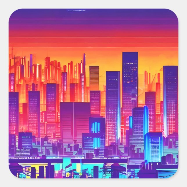 Synthwave/Cyberpunk City at Sunset Quadratischer Aufkleber (Vorderseite)