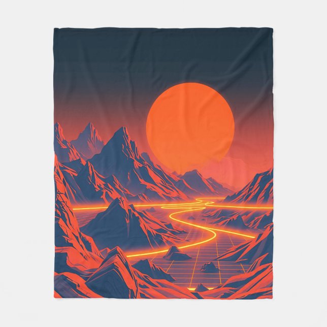 Synthwave Landschaft mit Neon Mountains Fleecedecke (Vorderseite)