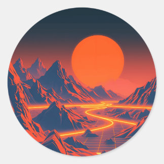 Synthwave Landschaft mit Neon Mountains Runder Aufkleber