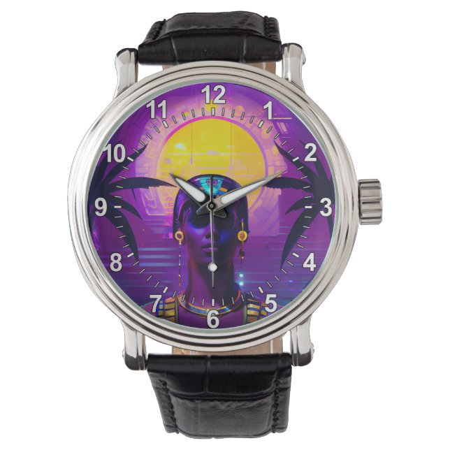 Synthwave Pharaoh Armbanduhr (Vorderseite)