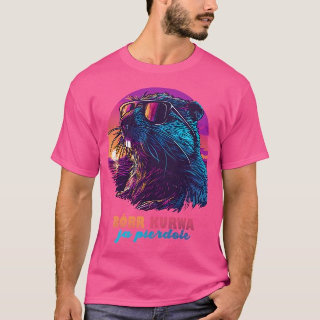 Synthwave Polish Beaver Meme Ja Pierdole Bobr Bobe T-Shirt (Vorderseite)