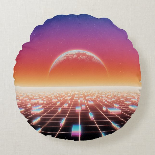 Synthwave-Retro-Futuristische Landschaft Rundes Kissen (Vorderseite)