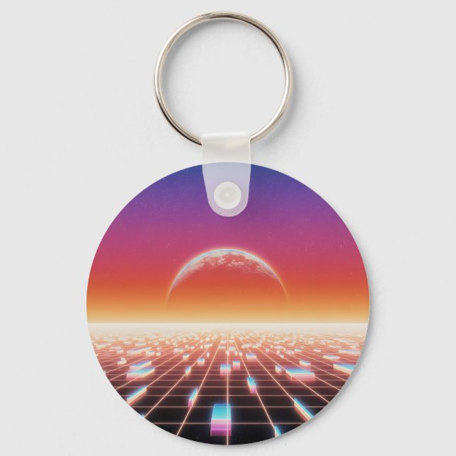 Synthwave-Retro-Futuristische Landschaft Schlüsselanhänger (Vorderseite)