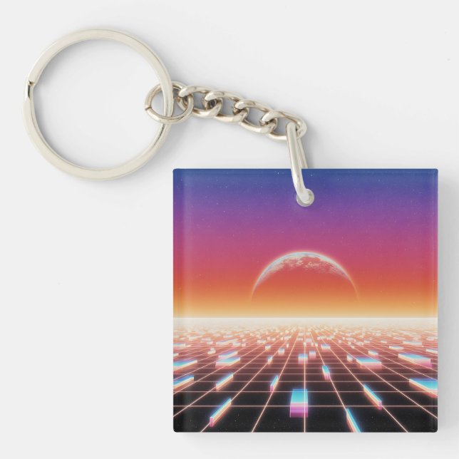 Synthwave-Retro-Futuristische Landschaft Schlüsselanhänger (Vorderseite)