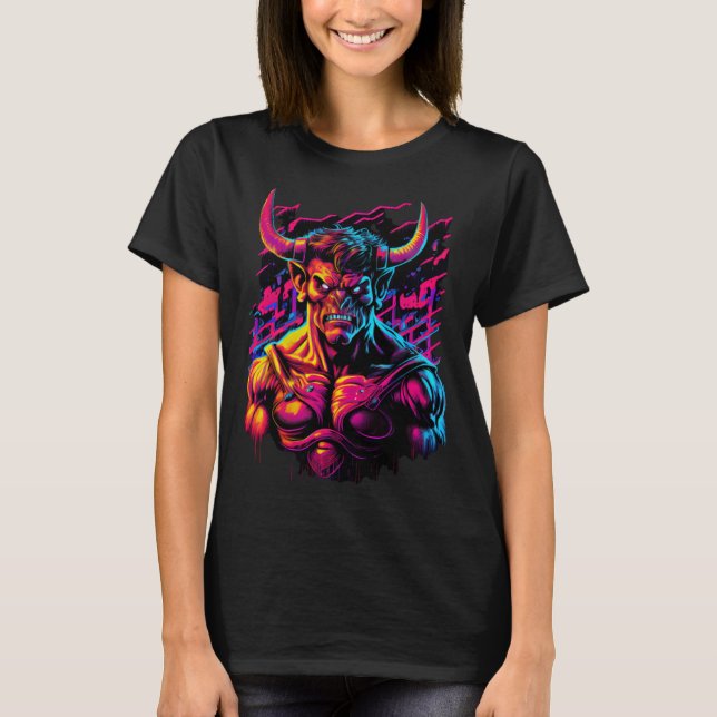 Synthwave Retrowave Minotaur Colorful Creature Gra T-Shirt (Vorderseite)