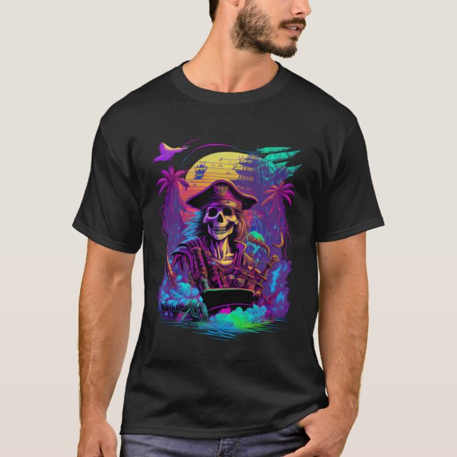 Synthwave Retrowave Pirate Skull Colorful Sunset G T-Shirt (Vorderseite)