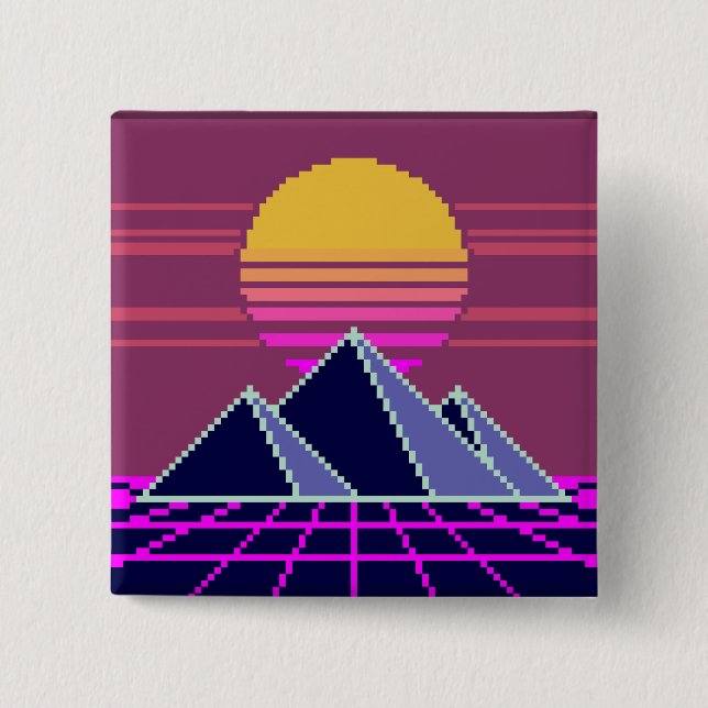 Synthwave-Sonnenuntergang über Pyramiden-Pixelart- Button (Vorderseite)