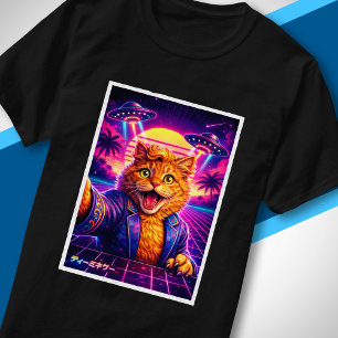Synthwave-UFO-Katzenporträt 80er Retro-Futuristisc T-Shirt