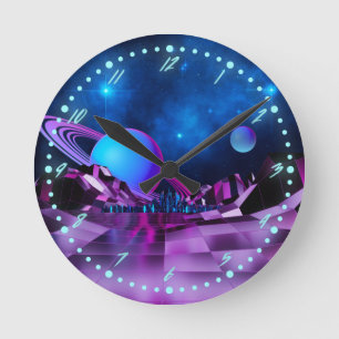 SYTHwave-Uhr der Retro-Raumlaufzeit der 1980er Jah Runde Wanduhr
