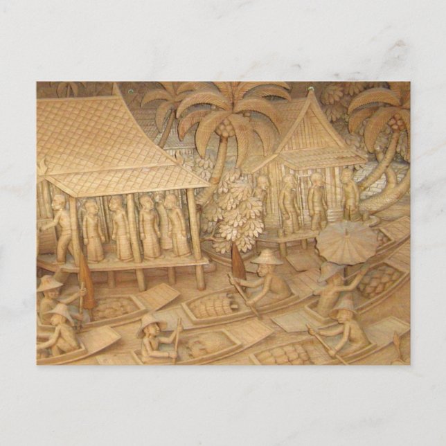 Szene 2 der Holzskulptur des thailändischen Lebens Postkarte (Vorderseite)