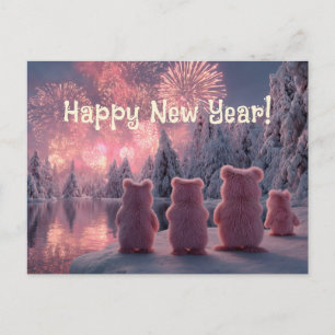 Szene einer rosa Bärenfamilie, die Feuerwerk beoba Postkarte