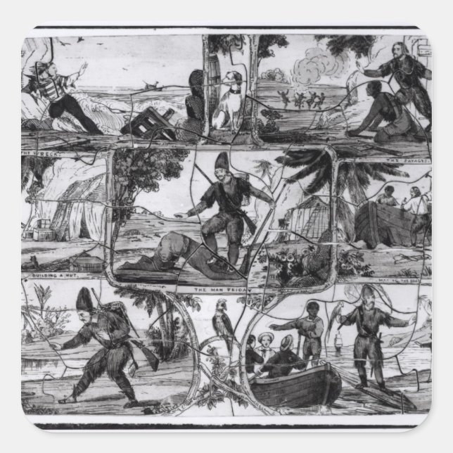 Szenen von 'Robinson Crusoe' von Daniel Defoe Quadratischer Aufkleber (Vorderseite)