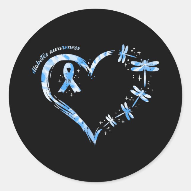 T1d Diabetes Awareness Heart Dragonflies Blue Ribb Runder Aufkleber (Vorderseite)