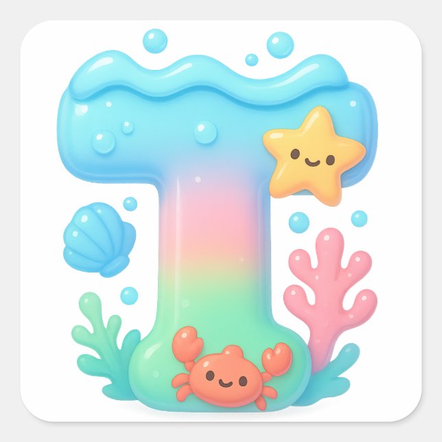 "T" Cute Letter - Underwater Sea Creature  Quadratischer Aufkleber (Vorderseite)