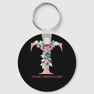 T Floral Monogram Name Letters Pink Agate Schlüsse Schlüsselanhänger