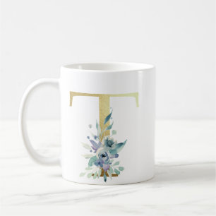 T Golden Initial mit blauem Blumenblättern Kaffeetasse