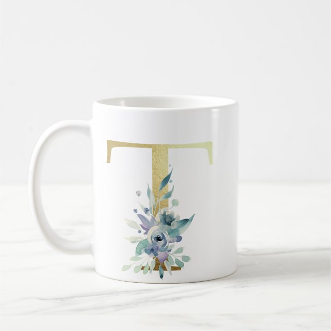 T Golden Initial mit blauem Blumenblättern Kaffeetasse (Links)