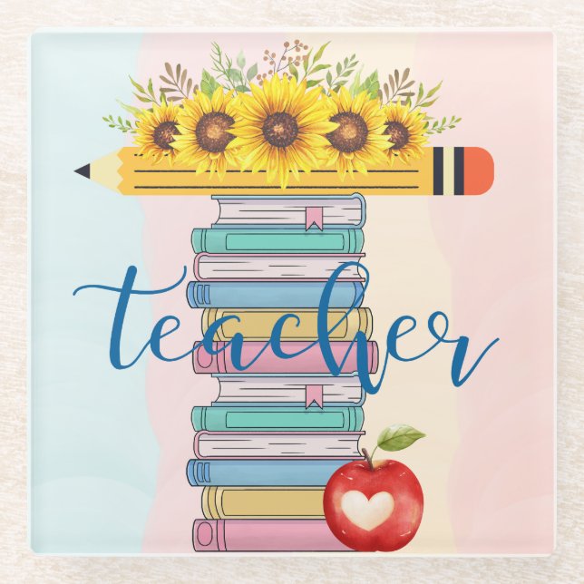 T ist für Lehrer Floral Bleistift Bücher Apple Glasuntersetzer (Vorderseite)