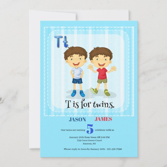 T ist für Twins Boys Birthday Party Einladung (Vorderseite)