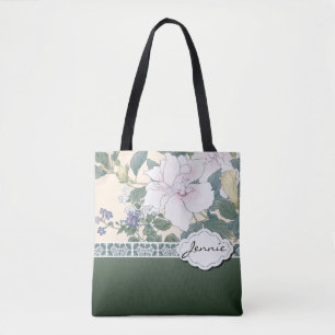 T Kônan Holzblock Print "Hibiskus and Browallia" Tasche