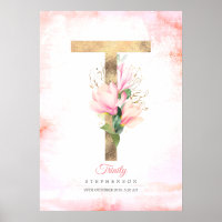 T Letter Monogram Gold Blätter Pink Magnolia Flora