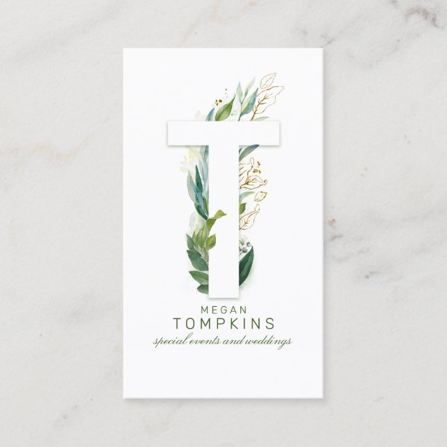 T Letter Monogram Gold Greenerity Blätter Elegant Visitenkarte (Vorderseite)
