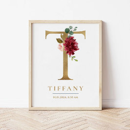 T Letter Monogram Name Marsala Floral Kinderzimmer Poster
