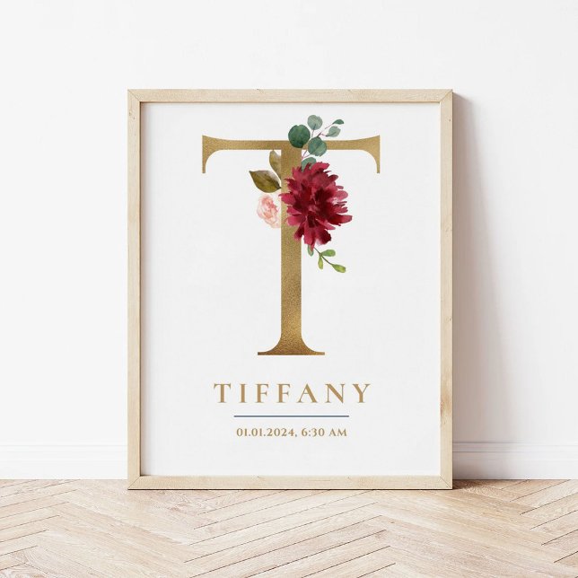 T Letter Monogram Name Marsala Floral Kinderzimmer Poster (Von Creator hochgeladen)