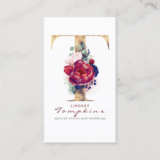 T Monogram Burgundy Gold und Navy Blue Floral Visitenkarte (Vorderseite)