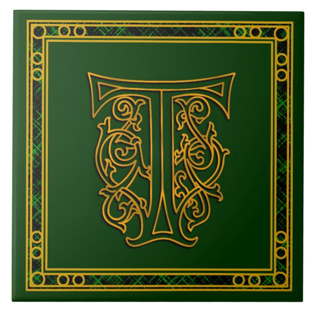 T Monogram "Irish Gold on Green" Keramik Tile Fliese (Vorderseite)