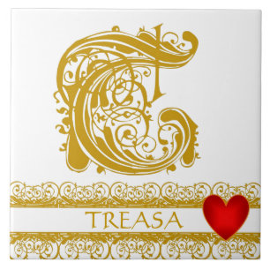 T Monogram Name Gold Lace Red Heft Template Tile Fliese