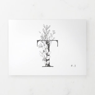 'T' Monogram Schöne gezeichnete Blumenhochzeit Dreifach Gefaltete Einladung