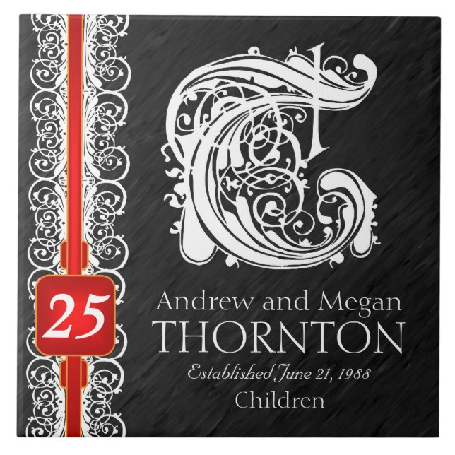 T Monogram "White Lace on Black" Anniversary Tile Fliese (Vorderseite)