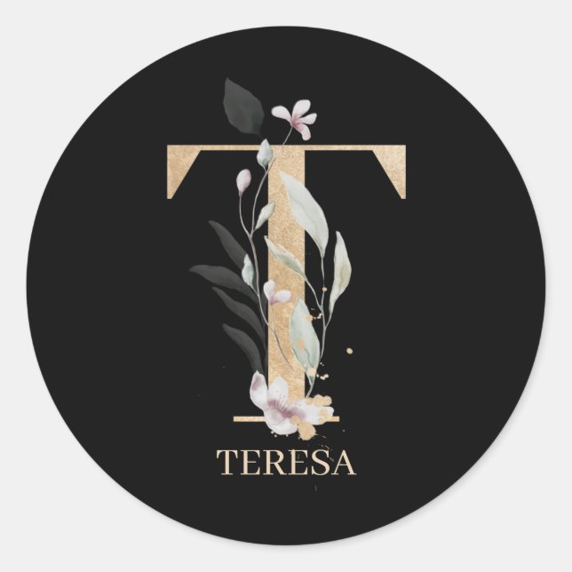 T Monogramm Floral Personalisiert Runder Aufkleber (Vorderseite)