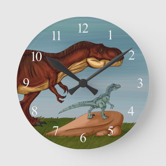 T-Rex and Velociraptor Runde Wanduhr (Vorderseite)