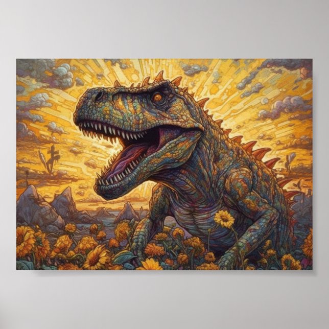 T-rex auf einem Sonnenblumenfeld Poster (Vorne)