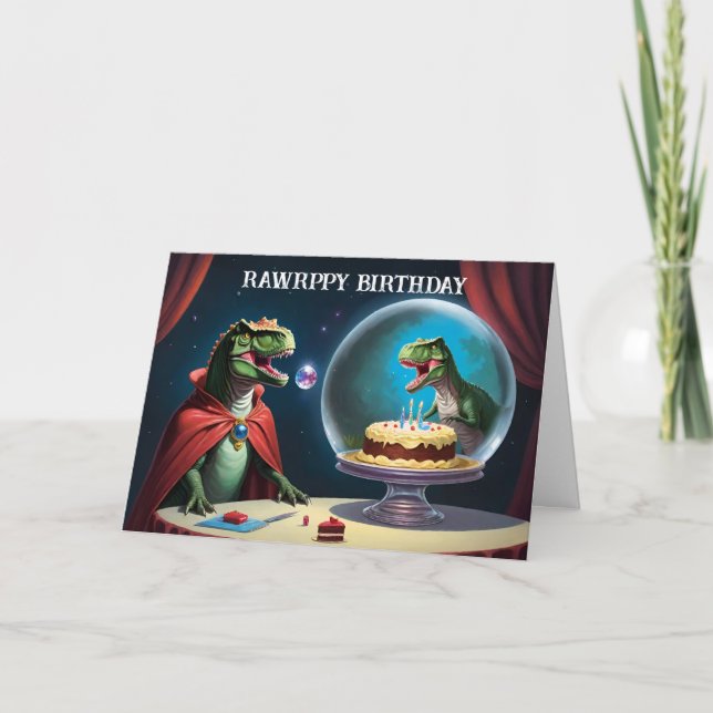 T-Rex auf Kuchen in Tortenständer schauend. Karte (Vorderseite)