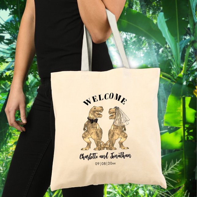 T-Rex Bride und Groom Dinosaur Hochzeit Willkommen Tragetasche (Dinosaur themed wedding welcome favor tote with funny T-Rex bride and groom)