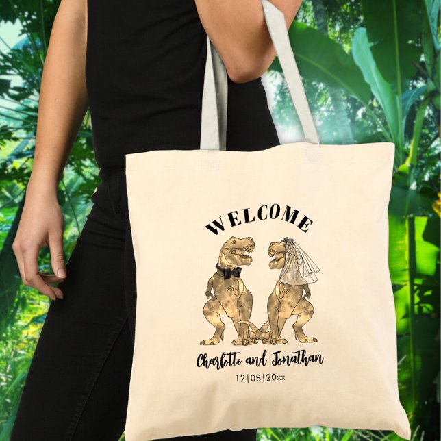 T-Rex Bride und Groom Dinosaur Hochzeit Willkommen Tragetasche (Dinosaur themed wedding welcome favor tote with funny T-Rex bride and groom)