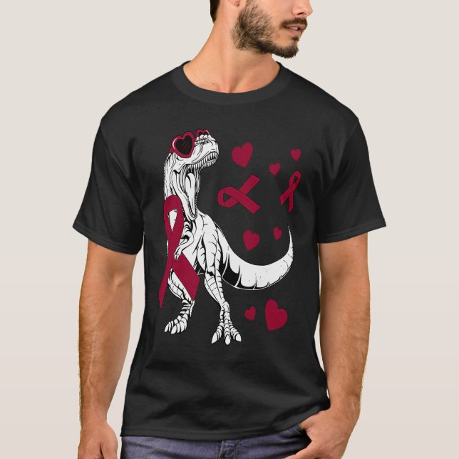 T Rex & Burgund Ribbon Multiples Myelom Bewusstsei T-Shirt (Vorderseite)
