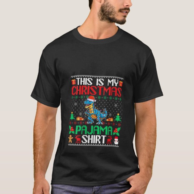 T Rex Christmas Xmas Pajama Shirt Weihnachtsmannmü (Vorderseite)