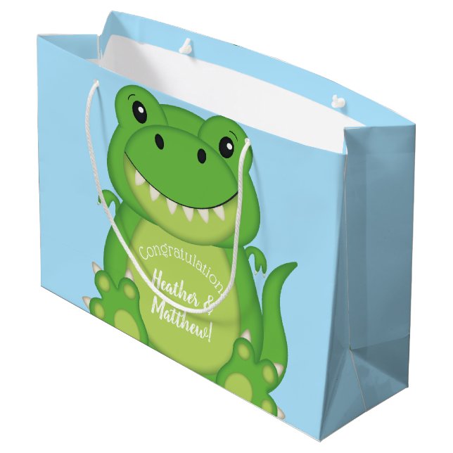 T-Rex Dinosaur Babydusche blau Große Geschenktüte (Rückseite Schrägansicht)