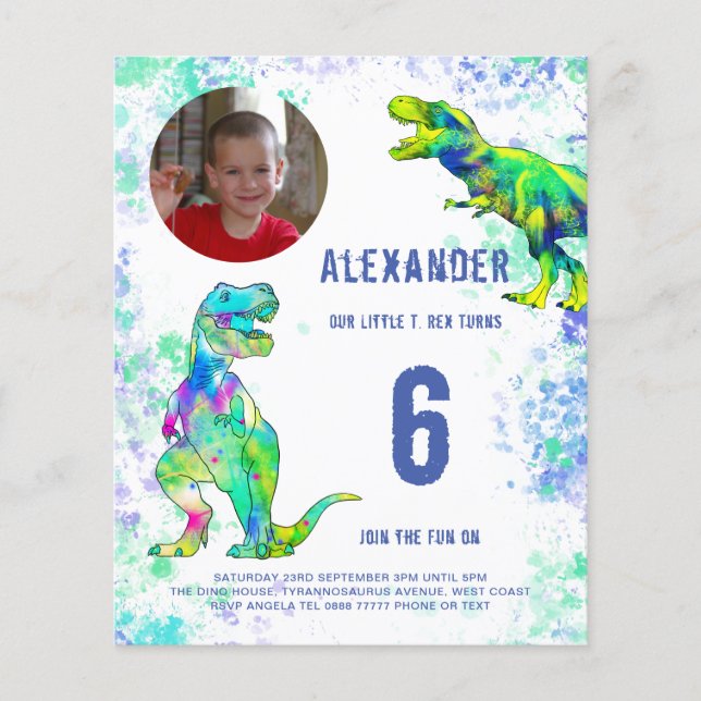 T Rex Dinosaur Birthday Party Foto Budget Flyer (Vorne)