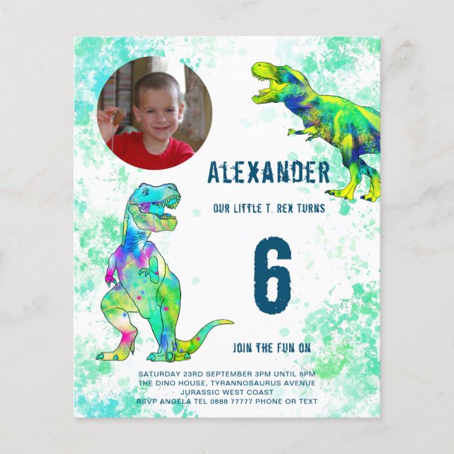 T Rex Dinosaur Birthday Party Foto Budget Flyer (Vorne)