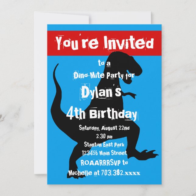 T Rex Dinosaur Blue Red Birthday Party Einladung (Vorderseite)