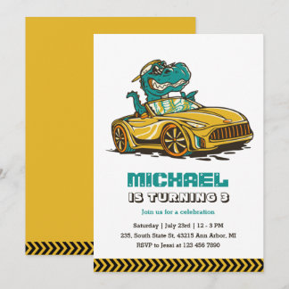 T-Rex Dinosaur Drive Yellow Car Kids Jungs Geburts Einladung