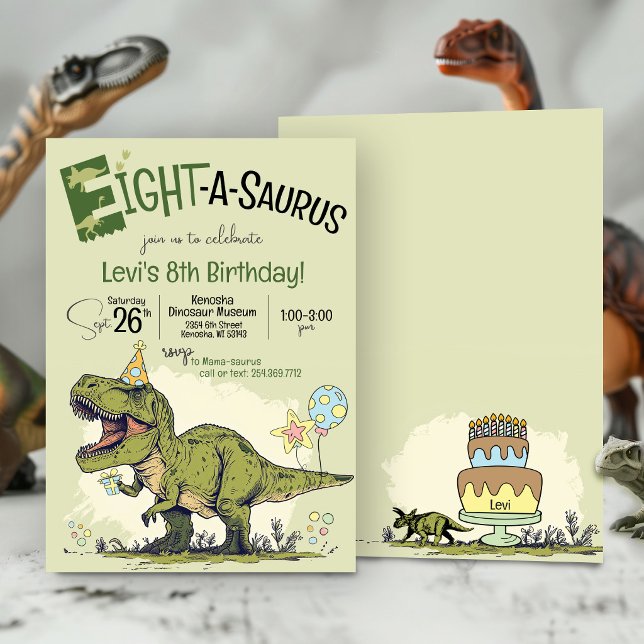 T-Rex Dinosaur Eight-A-Saurus 8th Birthday Party Einladung (Cute Cartoon T-Rex funny Dinosaur Eight-A-Saurus boy seventh kids 8th birthday party invitation)