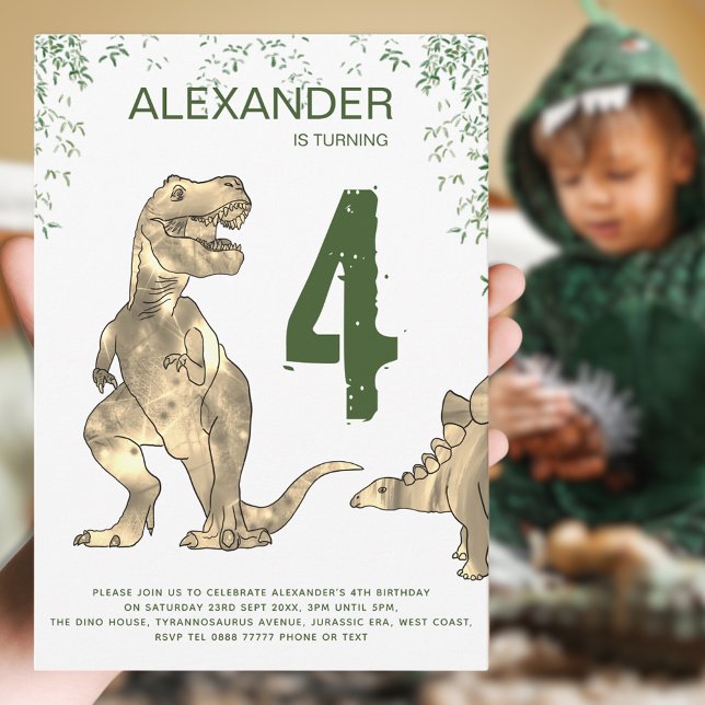 T-Rex Dinosaur Geburtstagspartei Haushalt Einladungspostkarte (Boys dinosaur jungle modern 4th birthday party budget postcard invitation T-Rex green and brown hues)