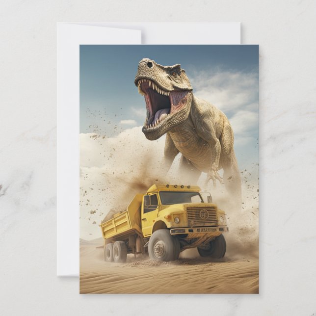 T-Rex Dinosaur Jagen a Dump Truck Birthday Party Einladung (Vorderseite)